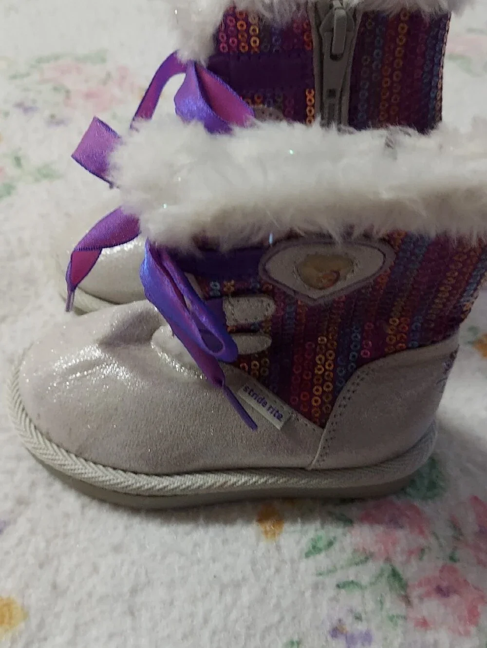 Stride Rite Girls White and Purple Sparkle Fur-Trim Boots